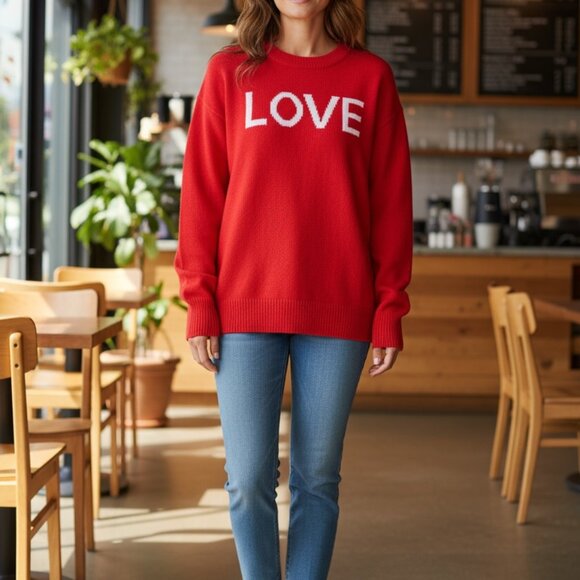 Vince Camuto Red and White LOVE  Woman's Sweater Size Medium - Picture 1 of 9